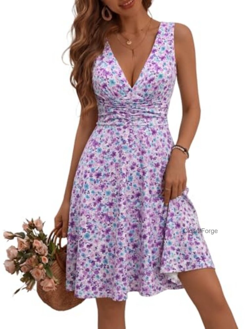 Deep V Neck Sleeveless Floral Sundress with Pockets Flowy Summer Dress
